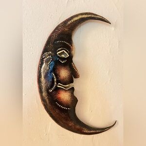 VTG Mexican Folk Art Hojalata Moon Wall Hanging Hand-Tooled Metal Crescent Moon